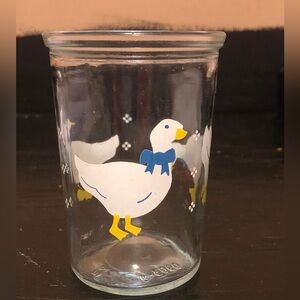 8990 Vintage Glass Jelly Jar Juice Country Goose White Blue Bow BAMA 4”